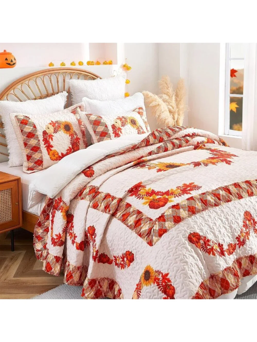 King Size Reversible Quilt Set - Fall Pumpkin & Plaid Bedding, 3PC Home Decor